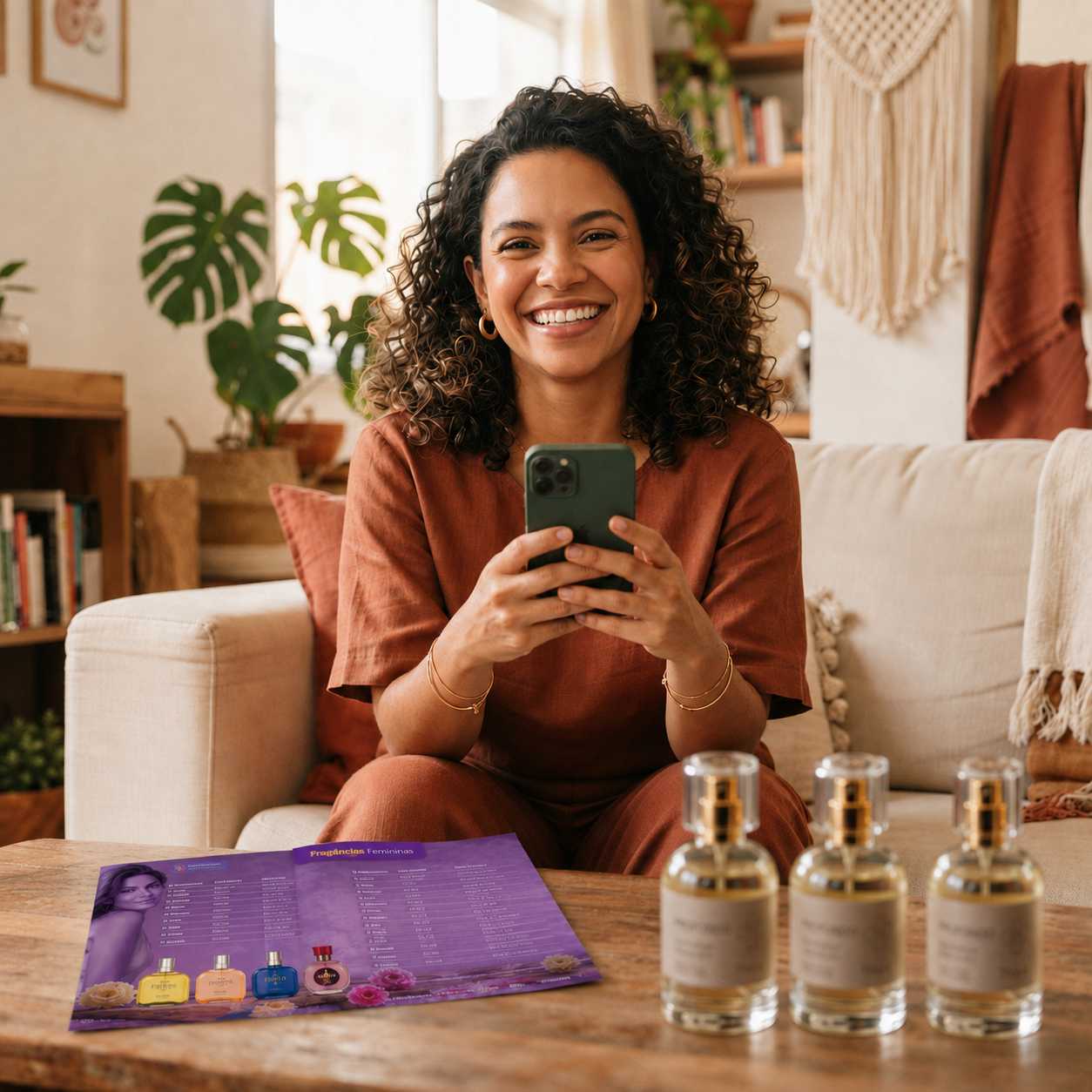 Revendedora Thera sorrindo com o celular e o estojo de amostras