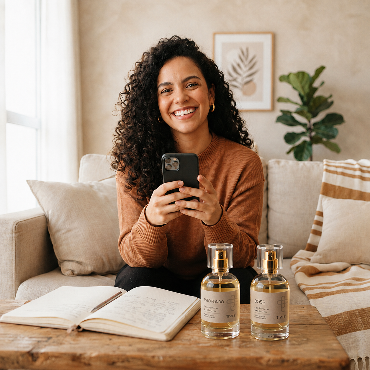 Revendedora Thera sorrindo com estojo de amostras e perfumes