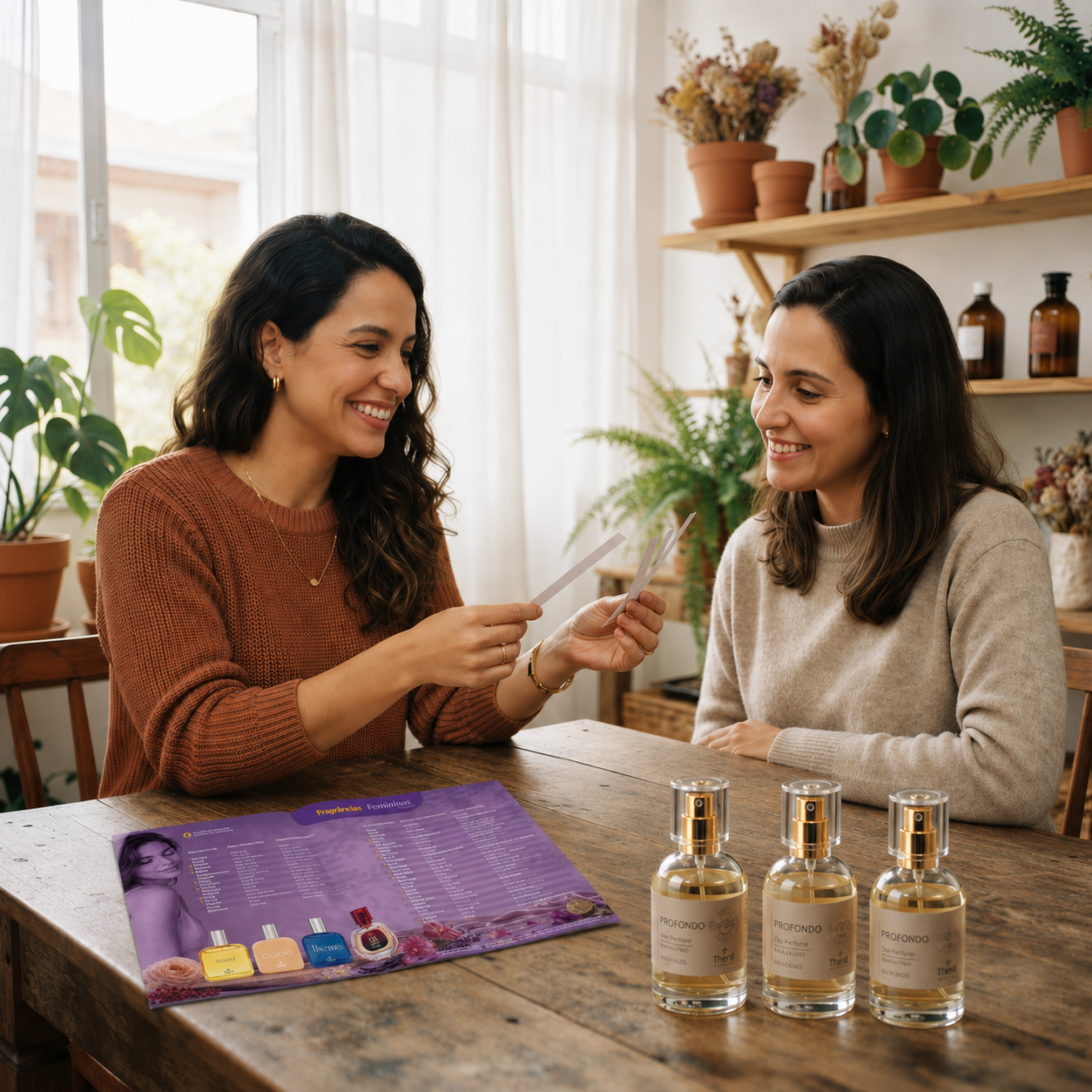 Revendedora Thera apresentando perfumes a uma cliente